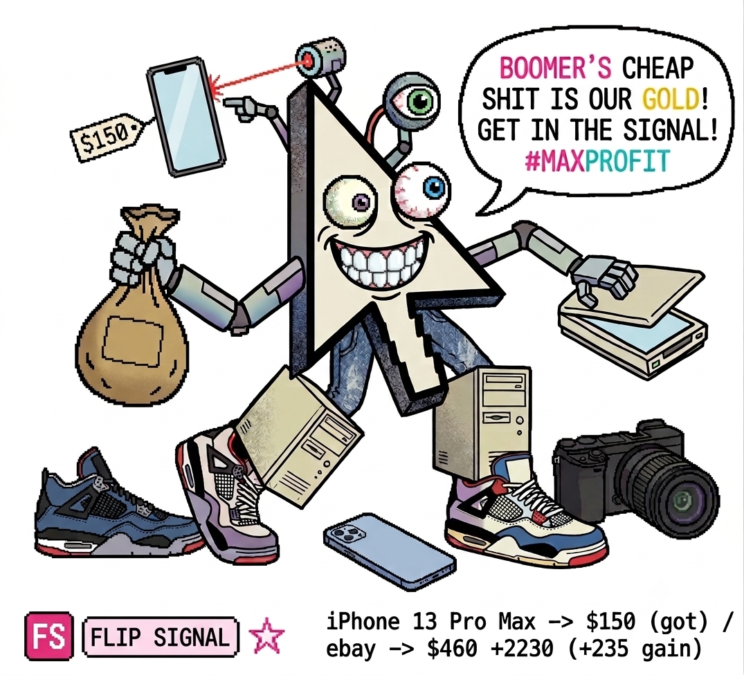 FlipSignal mascot: a pixel-art cursor with robot arms grabbing an underpriced iPhone off marketplace to resell, saying "boomer's cheap shit is our gold, get in the signal, #maxprofit"